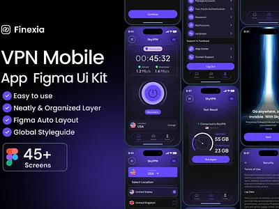 Finexia UI Kit – VPN Mobile App app ui kit assets freedesignkit graphic design ui vpn app