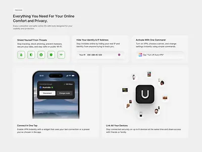 VPN App Landing Page Bento Section animation app landing page apple style bento bento bento animation bento grid bento section clean design cybersecurity framer ios app landing page landing page microanimations product design saas design tech ui design ui vpn app web design