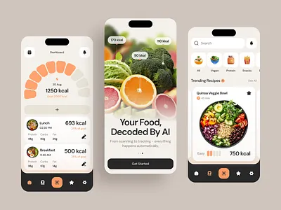 Food Tracking Mobile App UI with AI Scan ai app app design calorie tracking creative ui design inspiration food app food scanner health app interface interface design ios mobile app mobile app design modern ui nutrition app product design startup design ui ux ui ux design wellness app