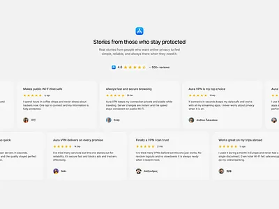 Landing Page Testimonials Section app landing page app reviews app store reviews clean design clean ui conversion design framer ios app landing page mobile app privacy app reviews section saas design social proof testimonials ui ui design web design website design