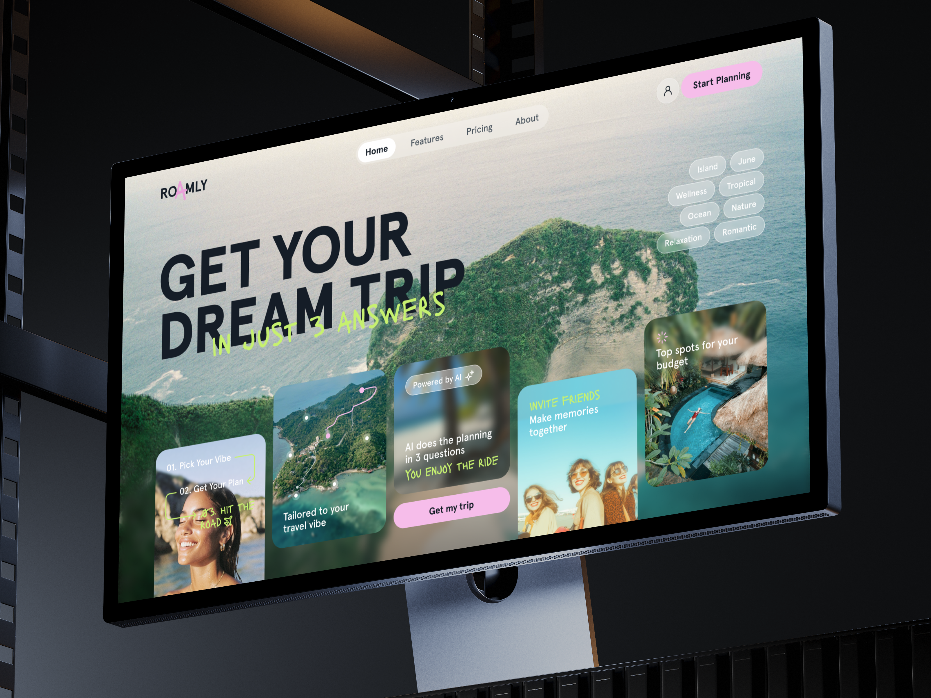 🌎 Product design for the AI Trip Planner | Hyperactive ai booking cards clean ui color design hero section hyperactive landing page planner planning product design travel trip ui ux web design website