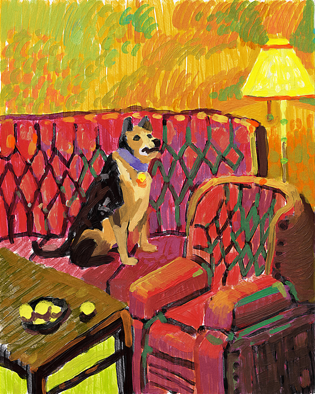 Dog on the couch chair color couch design dog exploration fauvism illustration impressionism oil painting postimpressionism room texture