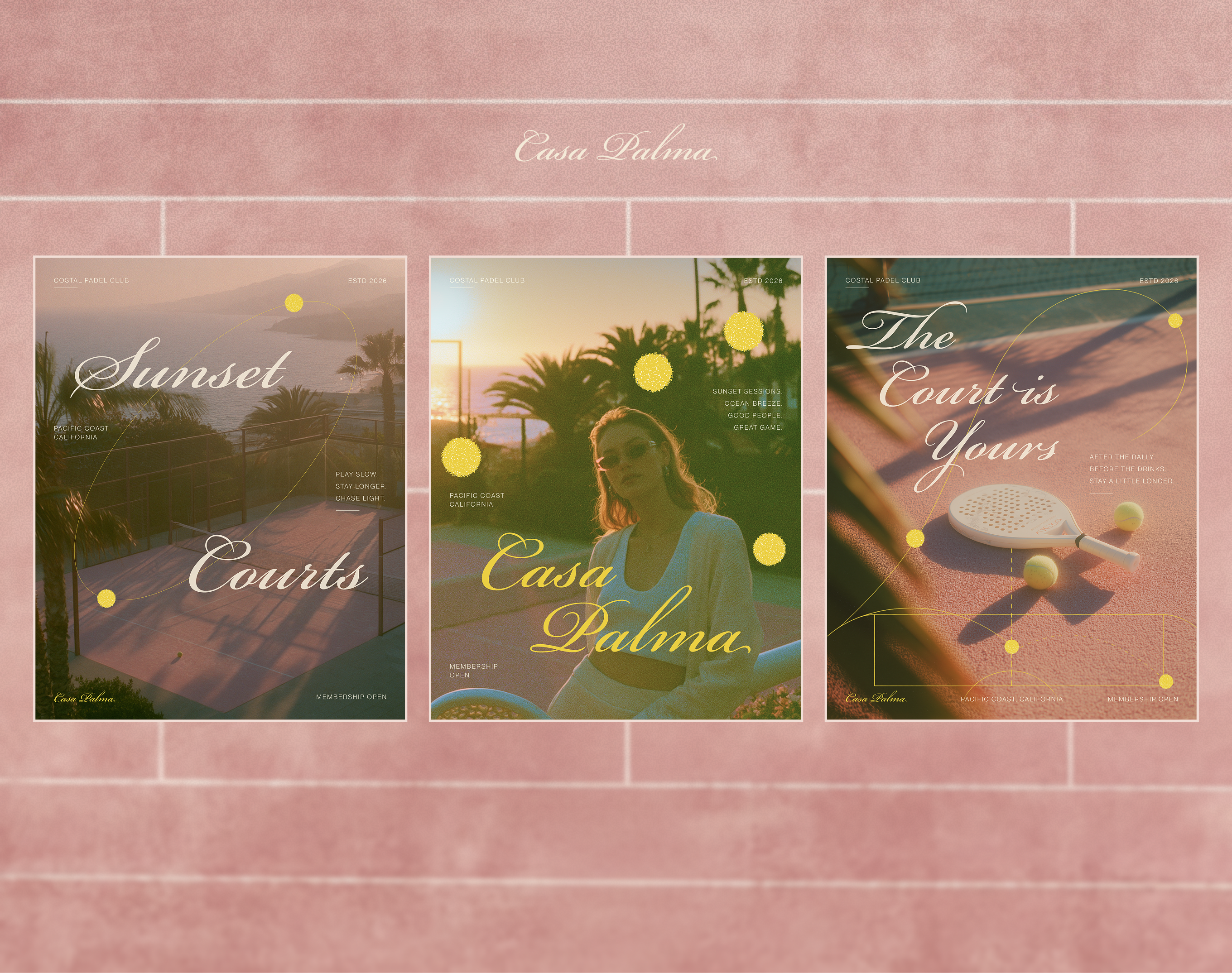 ☀️ Casa Palma — Coastal Padel Club Identity art direction brand identity coastal aesthetic editorial design fashion editorial film grain graphic design luxury branding padel padel club poster design print design retro design sports branding sports culture sports poster tennis club vintage aesthetic visual identity