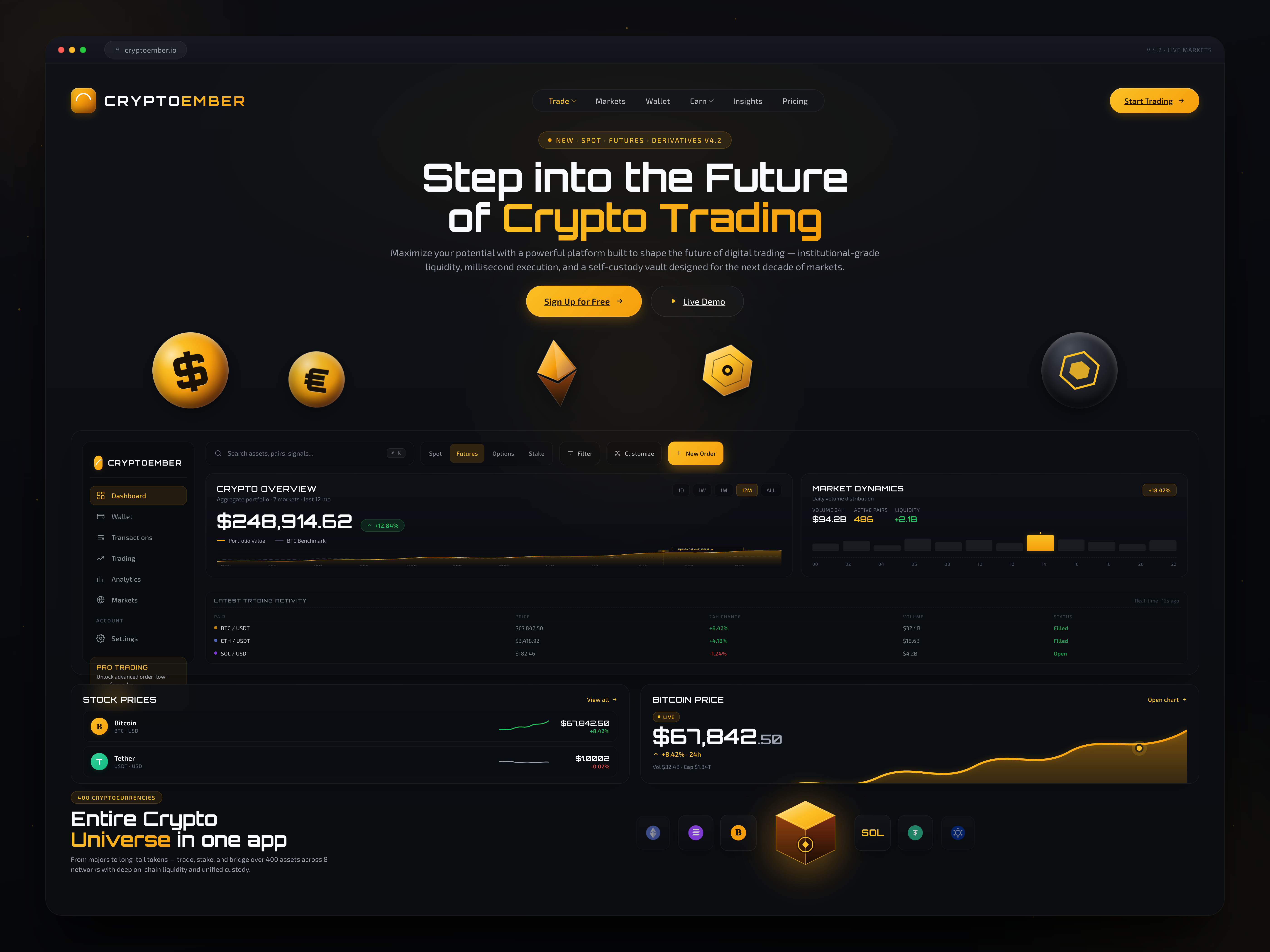CryptoEmber - a landing page for a crypto trading platform 3d crypto dark mode fintech hero section landing page marketing site product design trading ui ux web design
