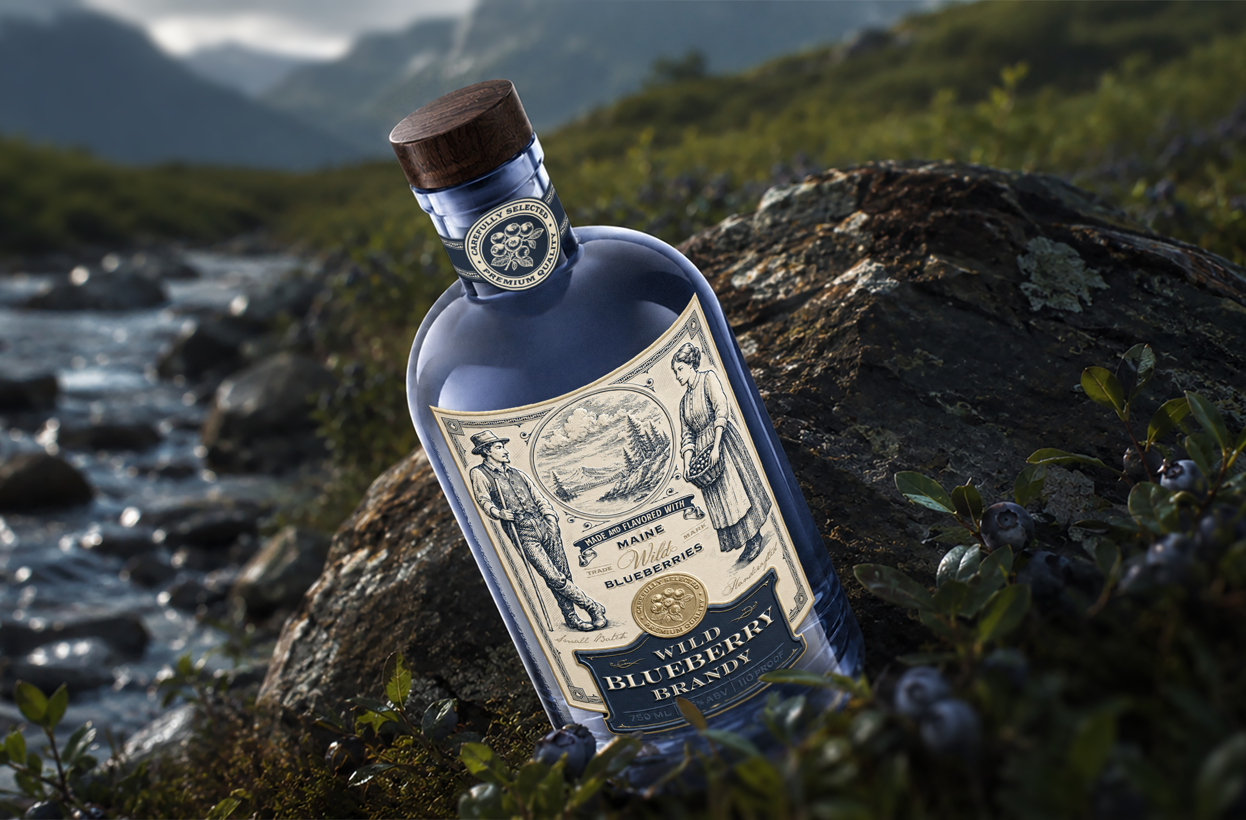 Wild Blueberry Brandy artisan blueberry brandy blueberry drink blueberry label blueberry packaging blueberry vodka brandy brandy brand identity brandy label distillery distillery branding distillery label gin packaging spirits vintage vintage label whiskey wild blueberries