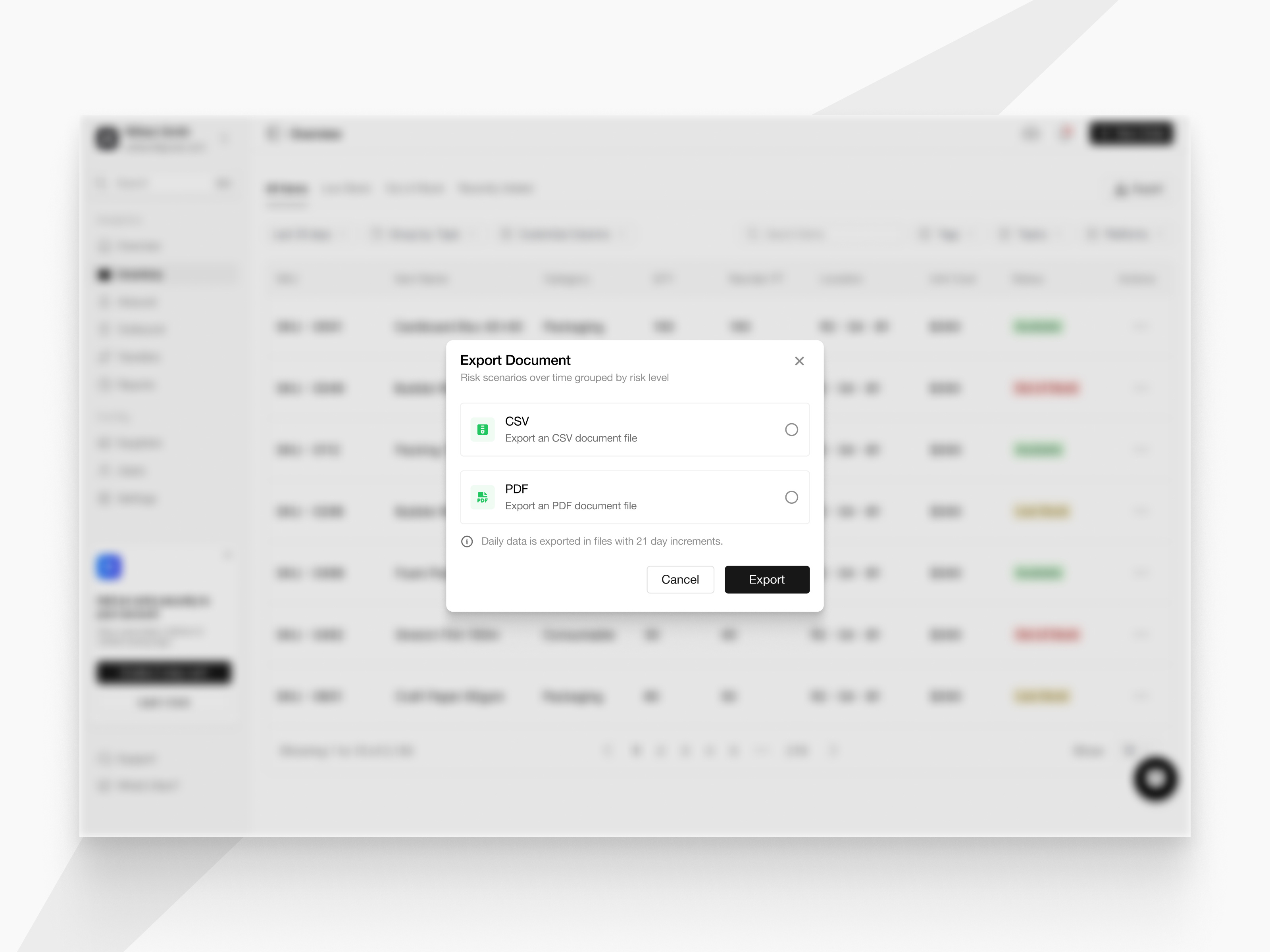 Export Document Modal - Rackwise b2b dashboard dekstop document export file modal saas ui ux web web app