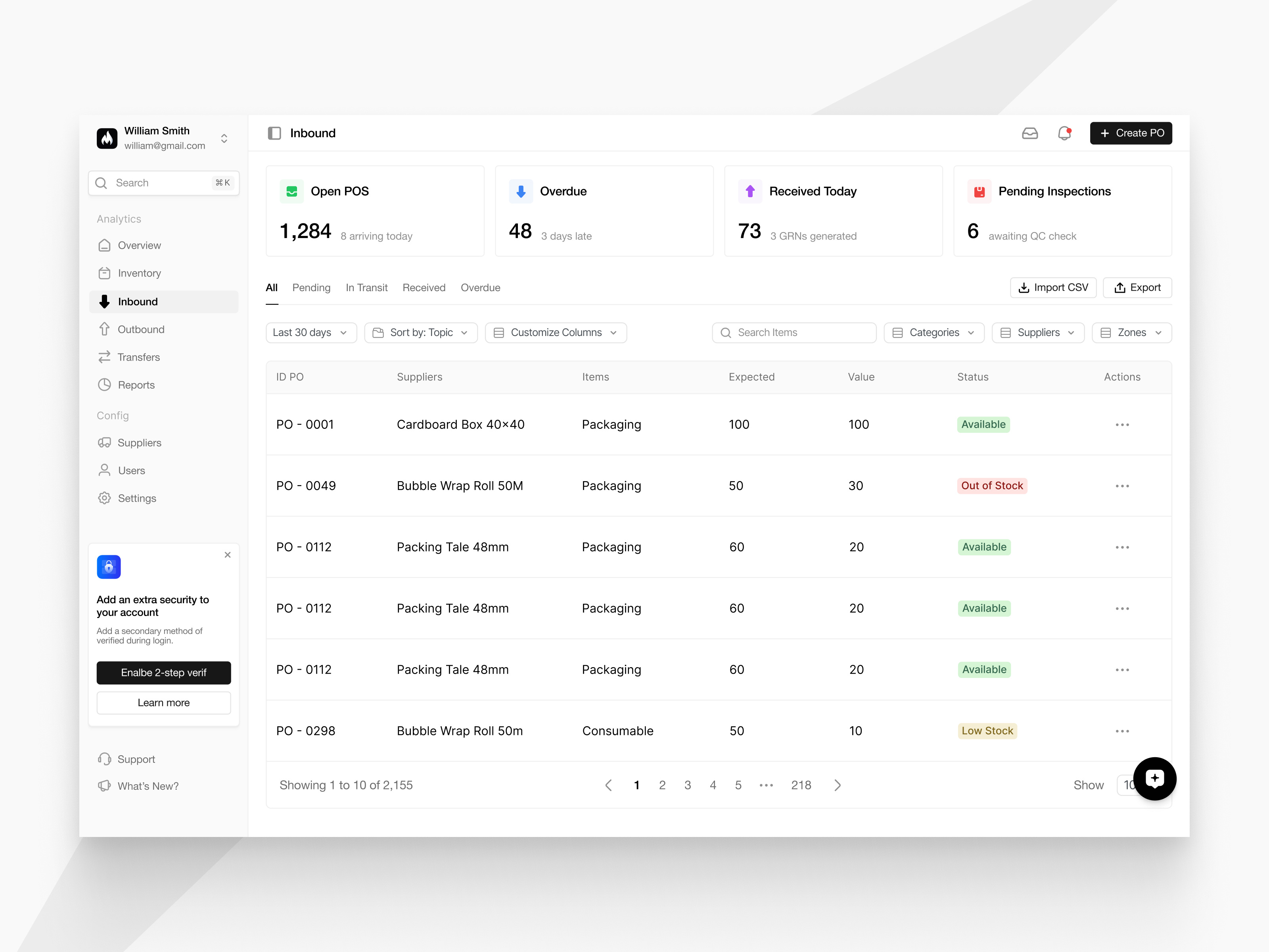 Inbound Page - Rackwise b2b dashboard dekstop inbound saas table ui ux web web app webmanagement