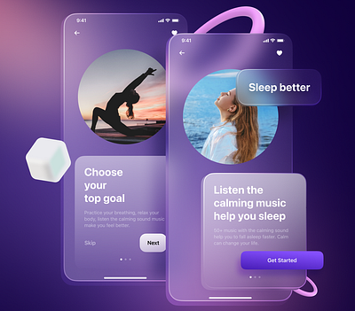 Meditation Mobile Glass App UI ⛰️ glass glassmorphism ui meditation mobile app sleep better ui ux