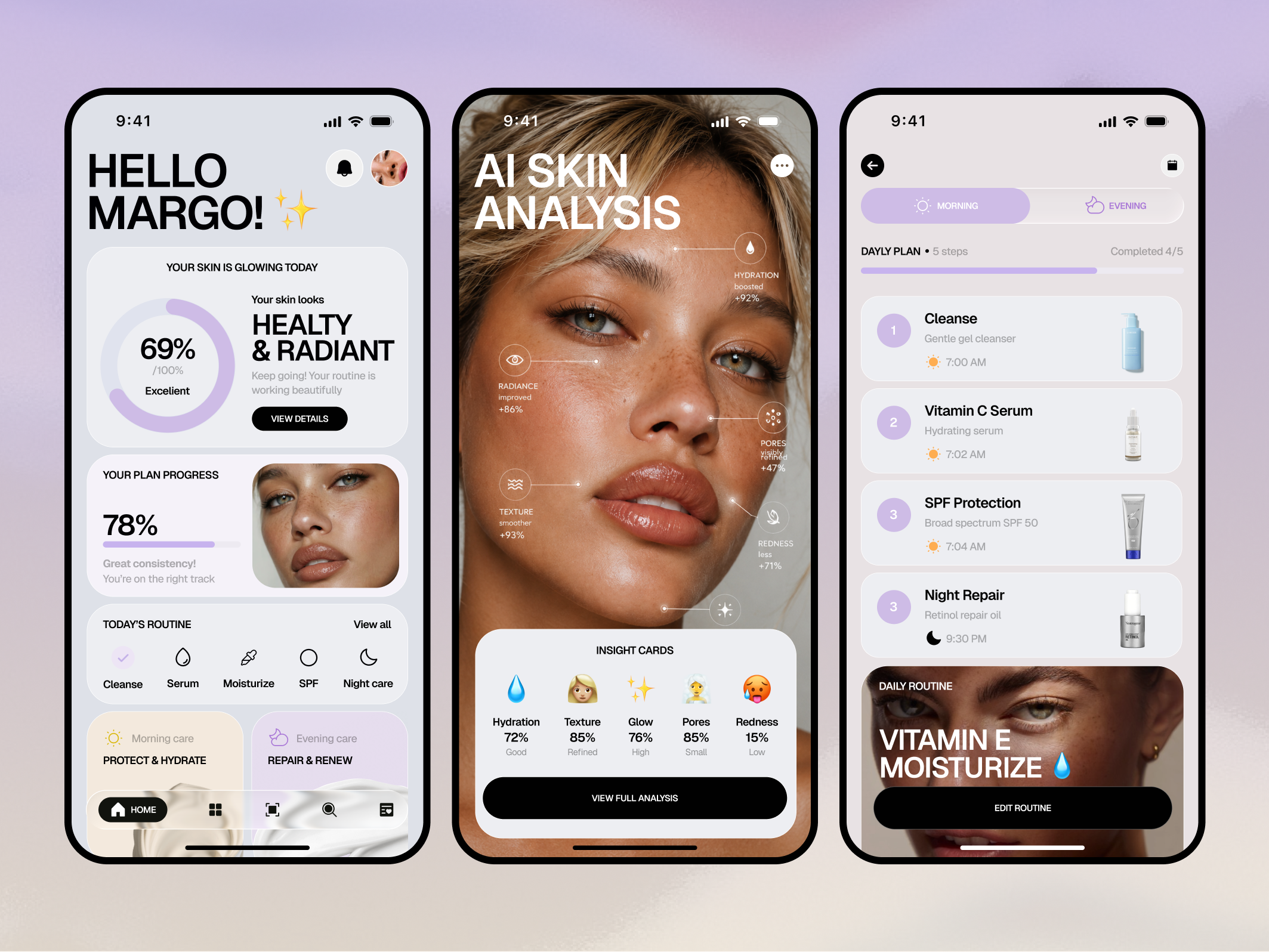 AI-powered Skincare Mobile App Design ai analysis ai app app design beauty beauty app beauty tech cosmetics app health tracking ios ios app mobile app mobile ui product skin analysis skincare app skincare routine ui ui design ux wellness app