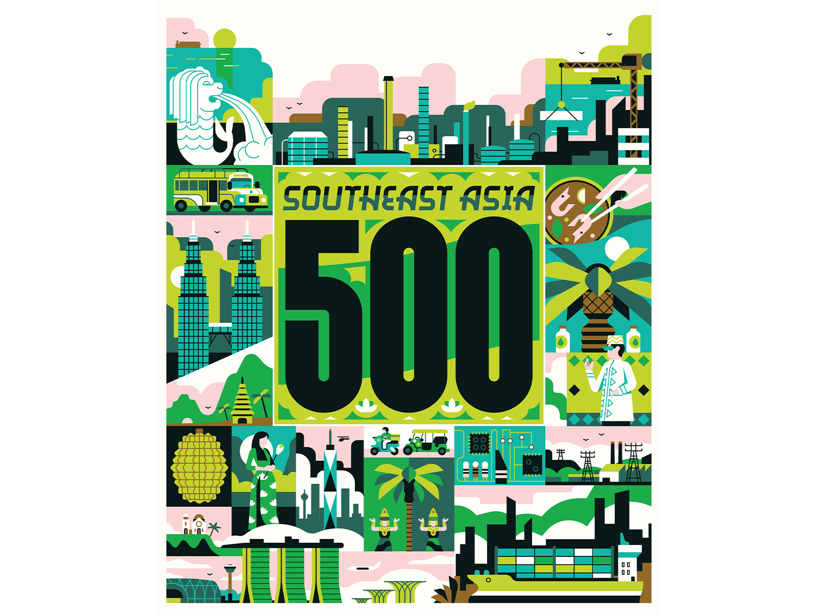 Southeast Asia 500 adobe business editorialillustration food green handlettering illustration illustrator lettering muti pink transport type vector