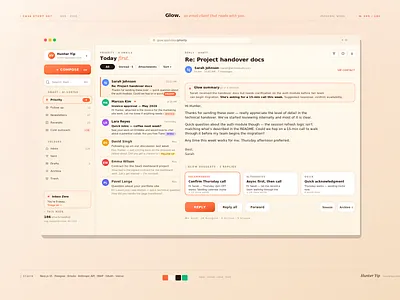 Glow — AI Email Client Concept ai ai assistant ai ui animation anthropic app design b2b saas dashboard email app email client inbox light mode modern ui product design productivity app saas ui design ux design web app web design