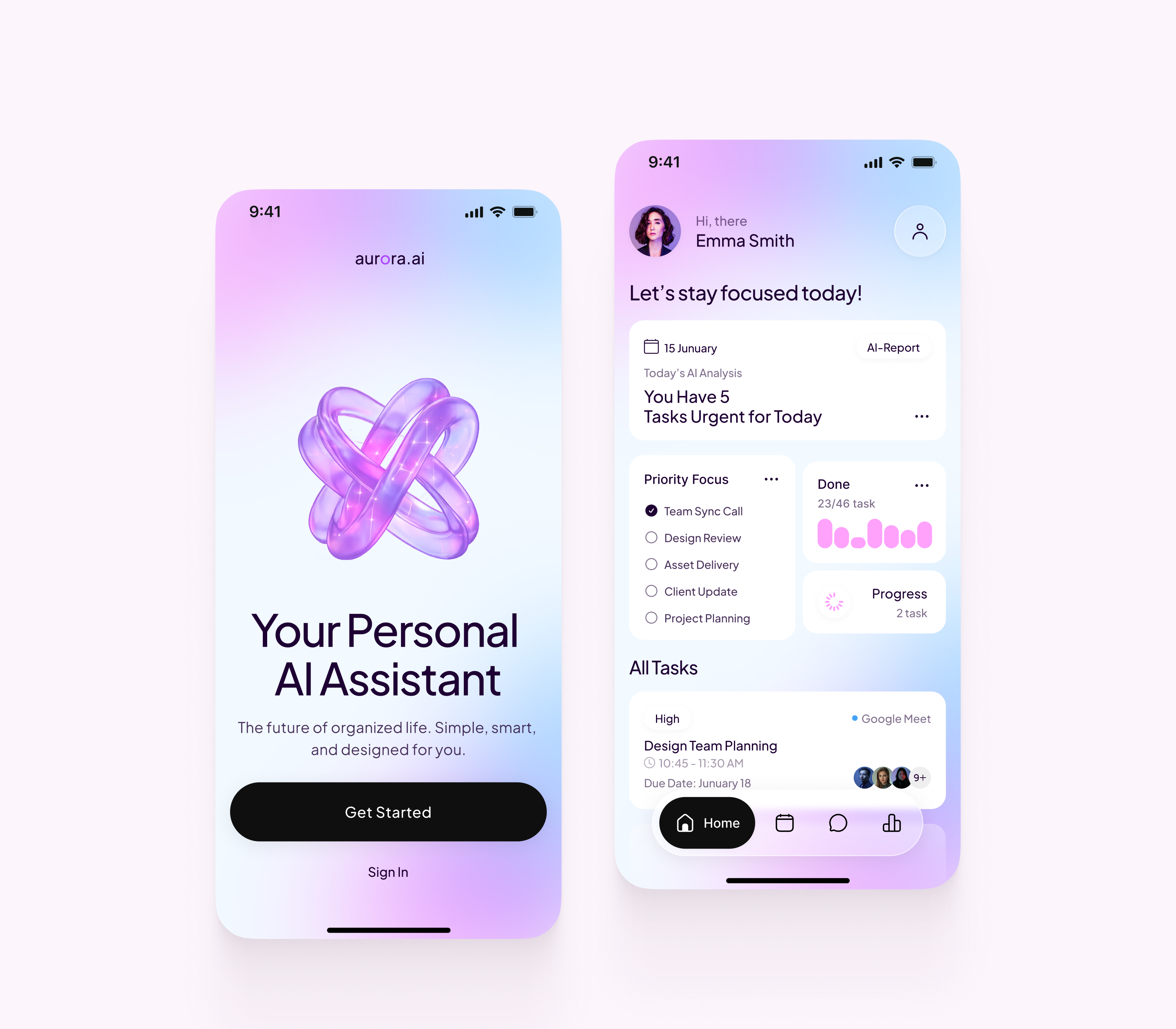Aurora — AI Personal Assistant | App Concept ai ai assistant ai product app design concept dashboard figma glassmorphism mobile app mobile ui product design saas ui design ux design