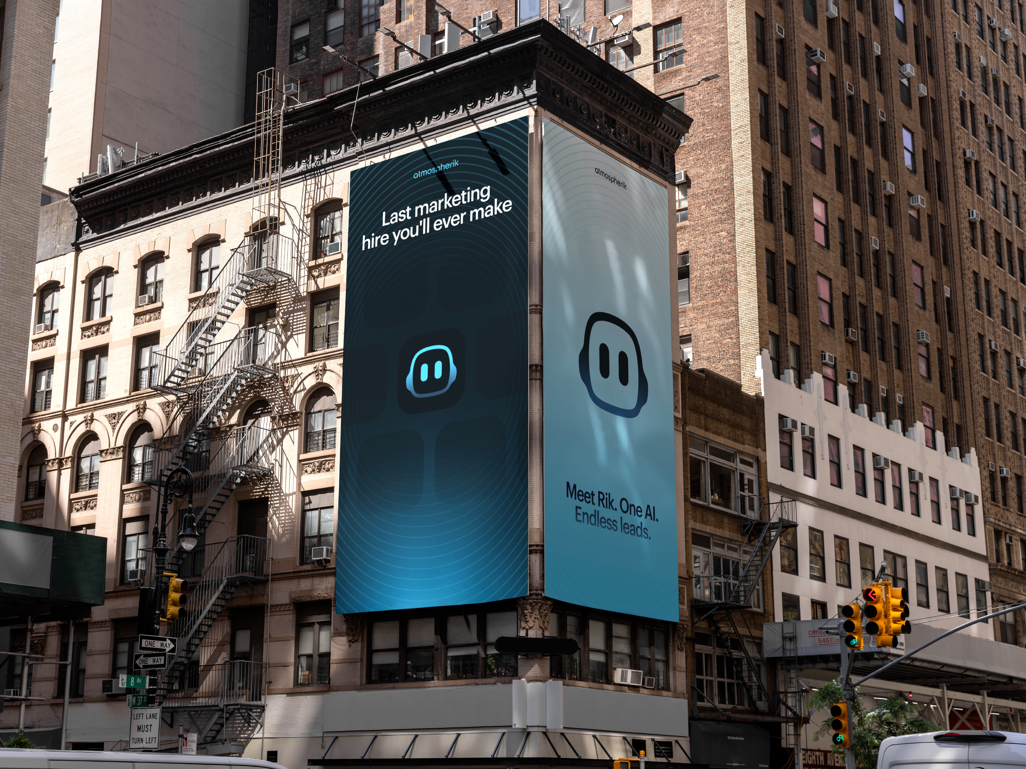 Meet Rik — AI-Native marketing companion agentic ai ai branding ai character ai marketing brand ai mascot billboard mockup brand application brand identity brand in the wild logo design logo in context marketing ai mascot branding new york billboard outdoor advertising outdoor brand application outdoor mockup street billboard tech brand outdoor visual identity