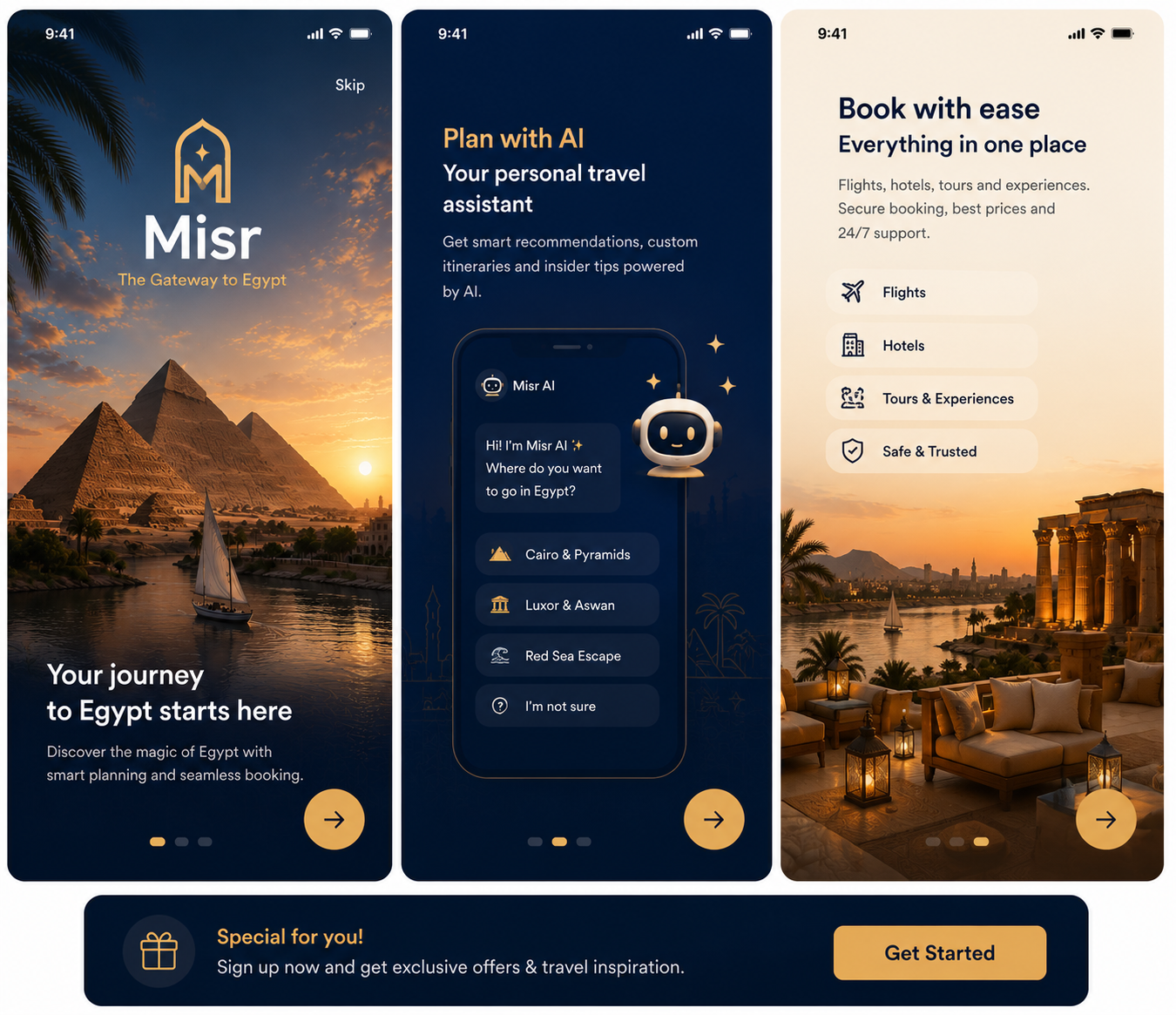 MISR — The Gateway to Egypt ✦ Travel App UI/UX | App Onboarding creativedesign egypttourism figmadesign interfacedesign luxurydesign misrapp mobileappdesign modernui onboardingdesign splashscreen travelapp travelplanner ui uiux userexperience
