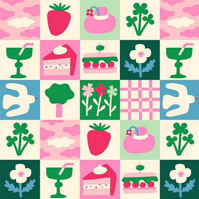 Picnic Pattern birds cake checkered colorful flowers food illustration fruits fun nature pattern patterndesign picnic tree