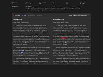 Grammarly Internal Tool Split Diff Text Comparison ai artificial b2b dark dark mode design diff feature flat intelligence internal mode split text tool ui ux web app