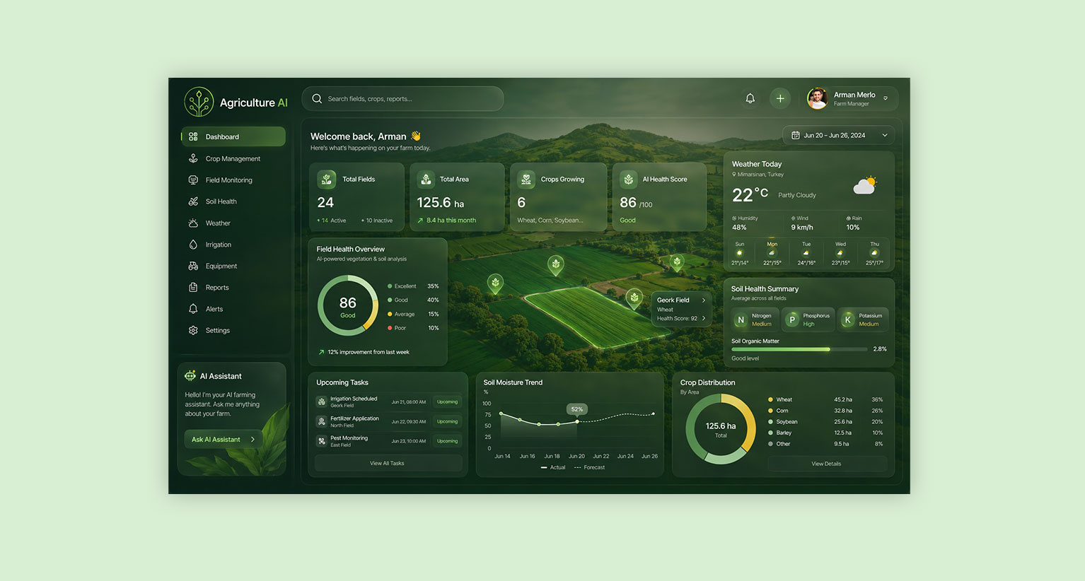 AI-Powered Agriculture Dashboard UI Design 🌱 agri tech agriculture dashboard ai ai driven ai powered branding dashboard data focused interface design inspiration dribbble figma glassmorphism product design ui design ui ux ui ux design ux design web design