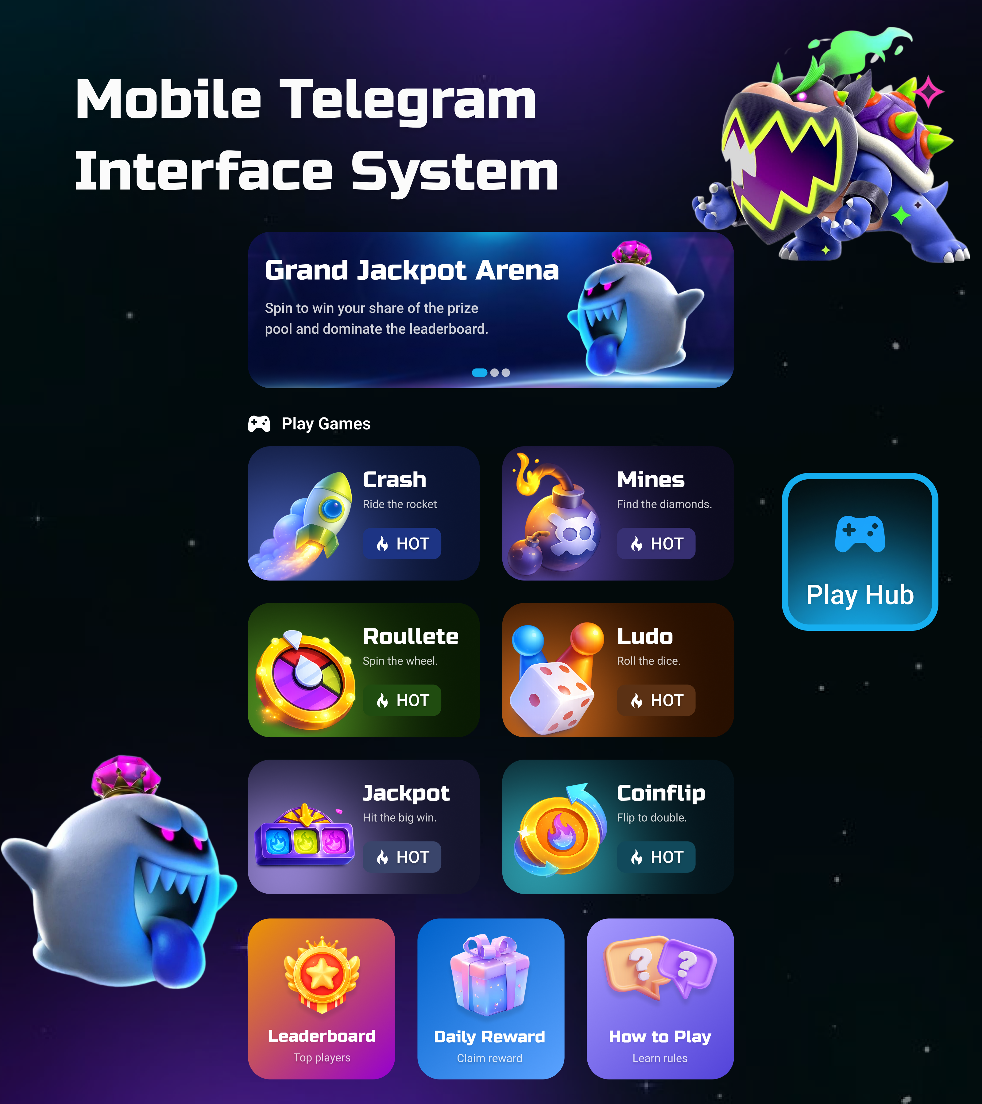 Play Hub — Mobile Casino Interface System bot casino casino casino games casino mobile casino template casino ui crash games dashboard ui gambling game ui kit igaming in house games live casino mines mobile casino mobile game online casino play hub roulette ui telegram bot casino