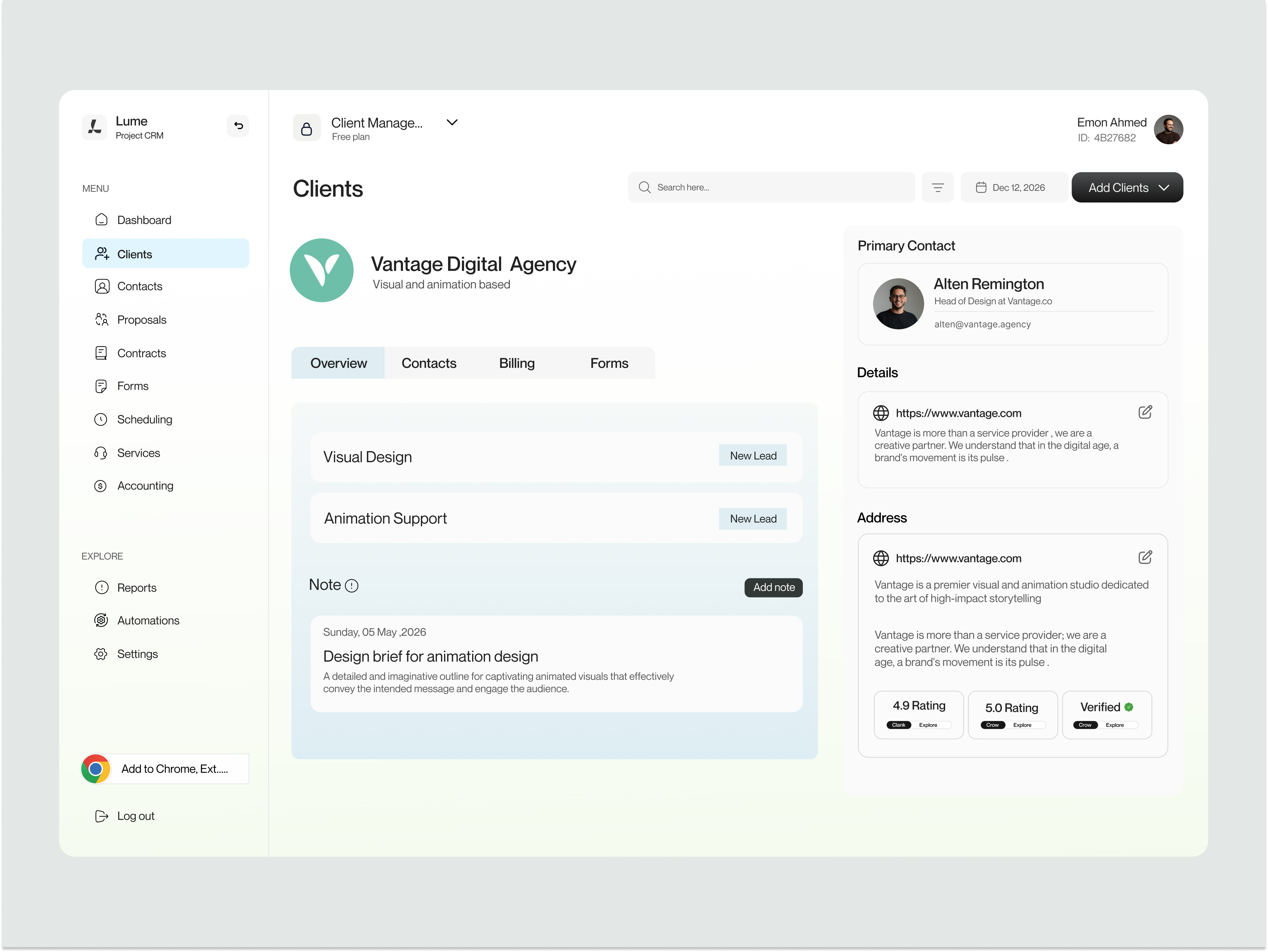 Example of Client Management CRM Dashboard UI/UX Design