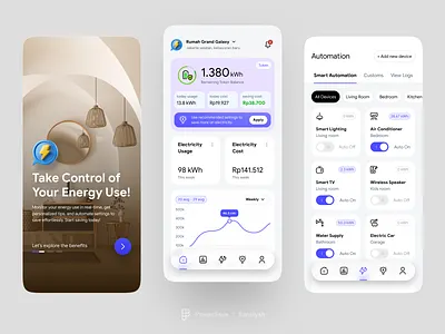PowerSave Home app banisyah clean config design figma hire designer hire uiux homepage landing page mobile mobile app onboarding product designer screen simple statistic ui uiux white