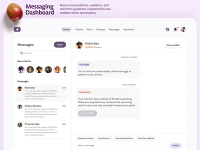 Beet.Health – AI Nutrition Platform | Messaging Dashboard application chatui cleanui collaboration communicationplatform crm dashboardui healthcareui inboxui messagingui minimal modernui productdesign saasui ui uidesign ux uxdesign webapp webdesign