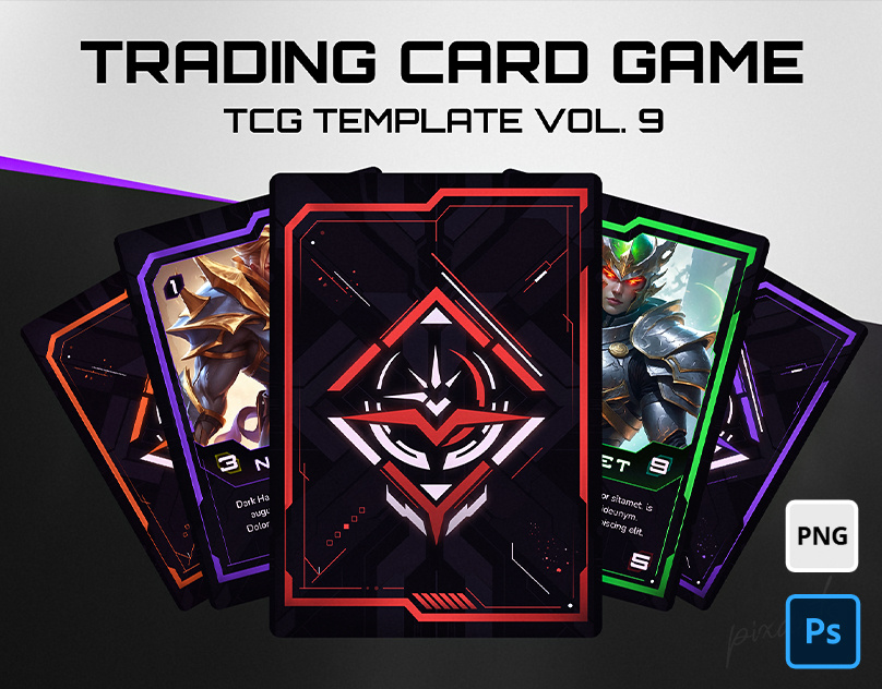 Sci-Fi Neon TCG Template (PNG/PSD) – Vol. 9 board game card design card template ccg dark fantasy dungeon crawler game ui runic tcg trading card game