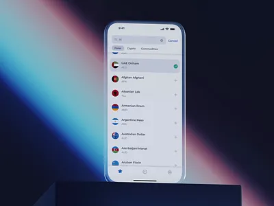 Currency app UI branding currency app currency selector design fintech fintech app gradients graphic design ios mobile ui search ui ui