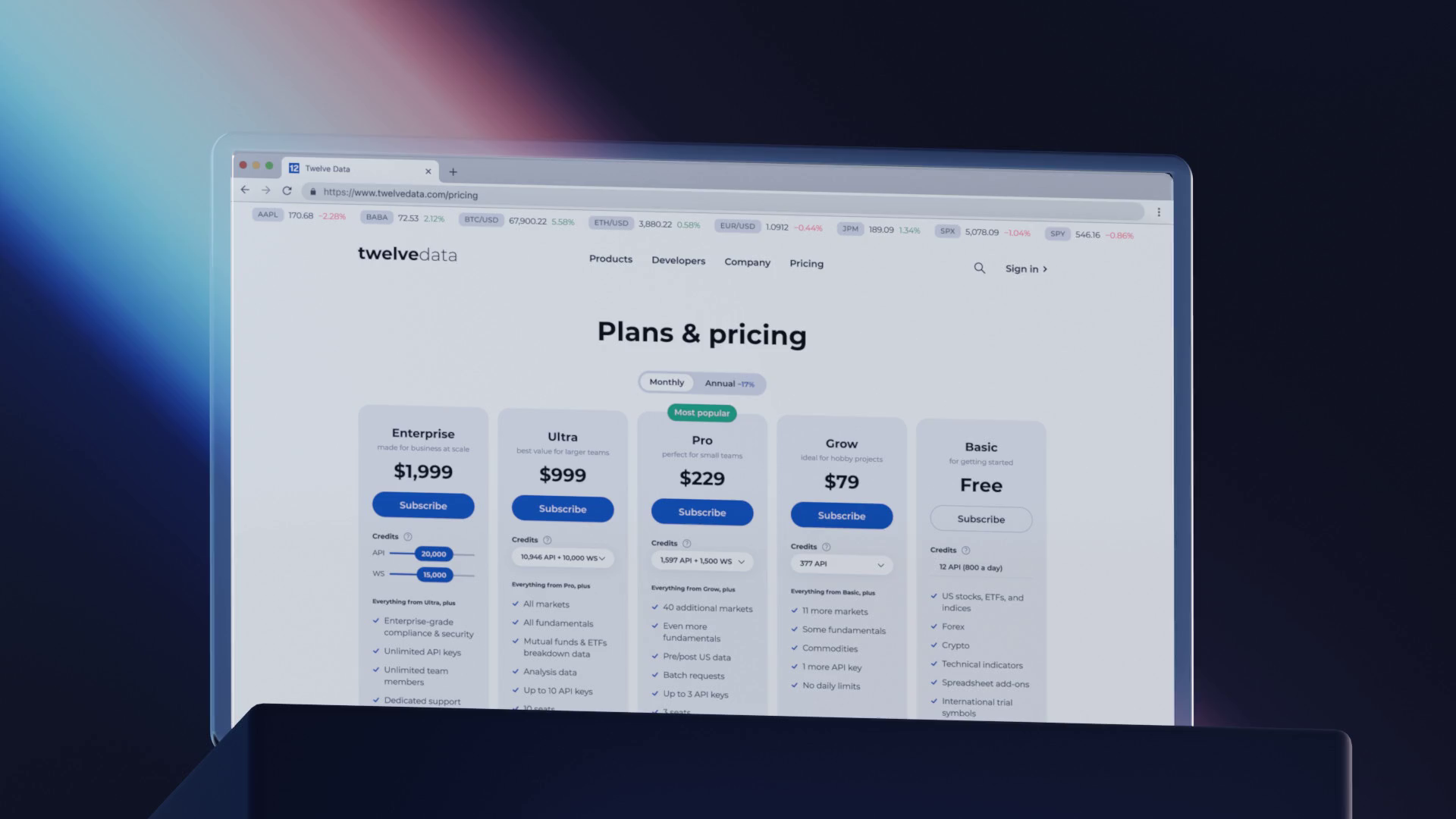 Pricing page layout