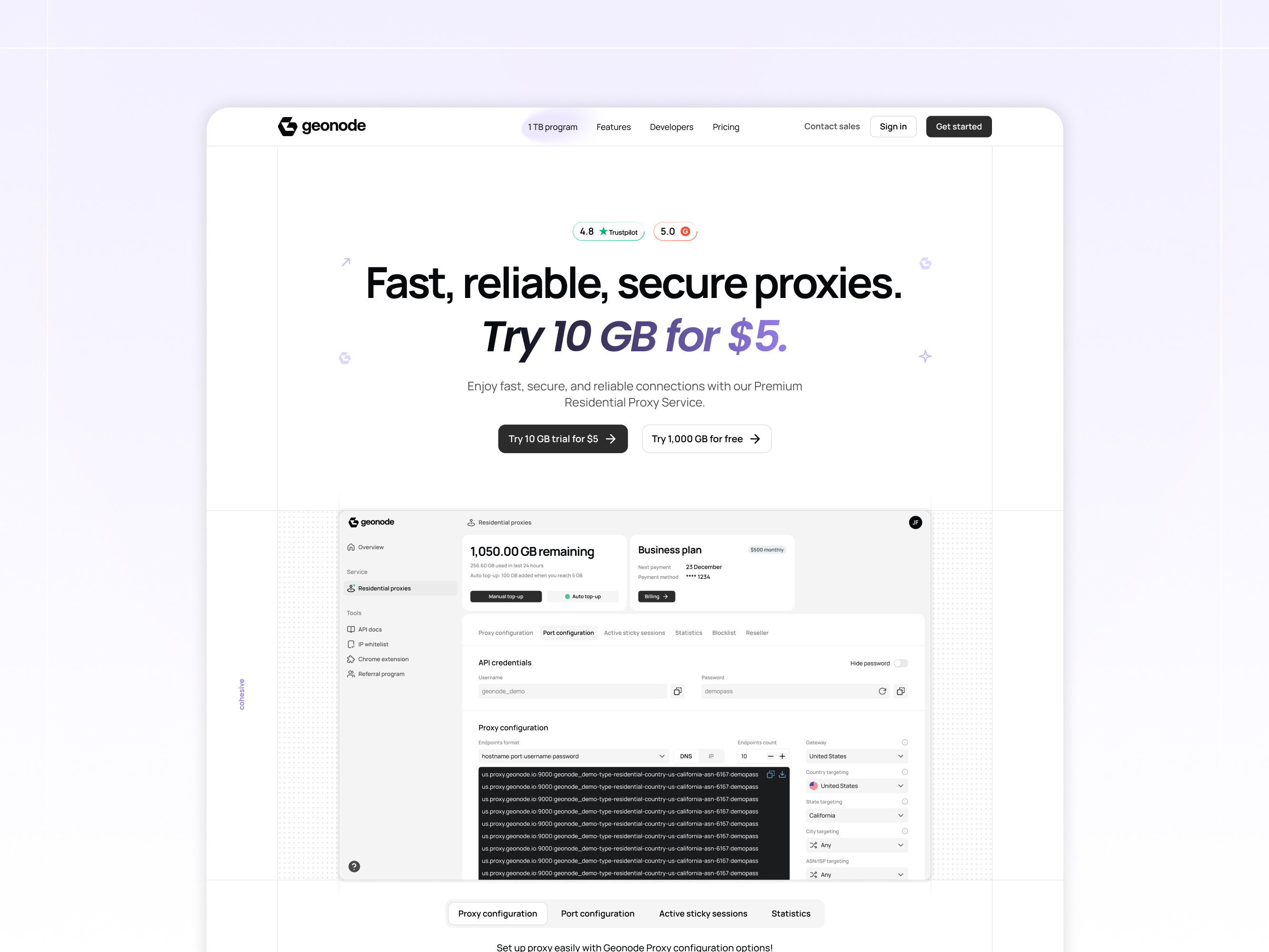 Proxy service landing page with dashboard preview