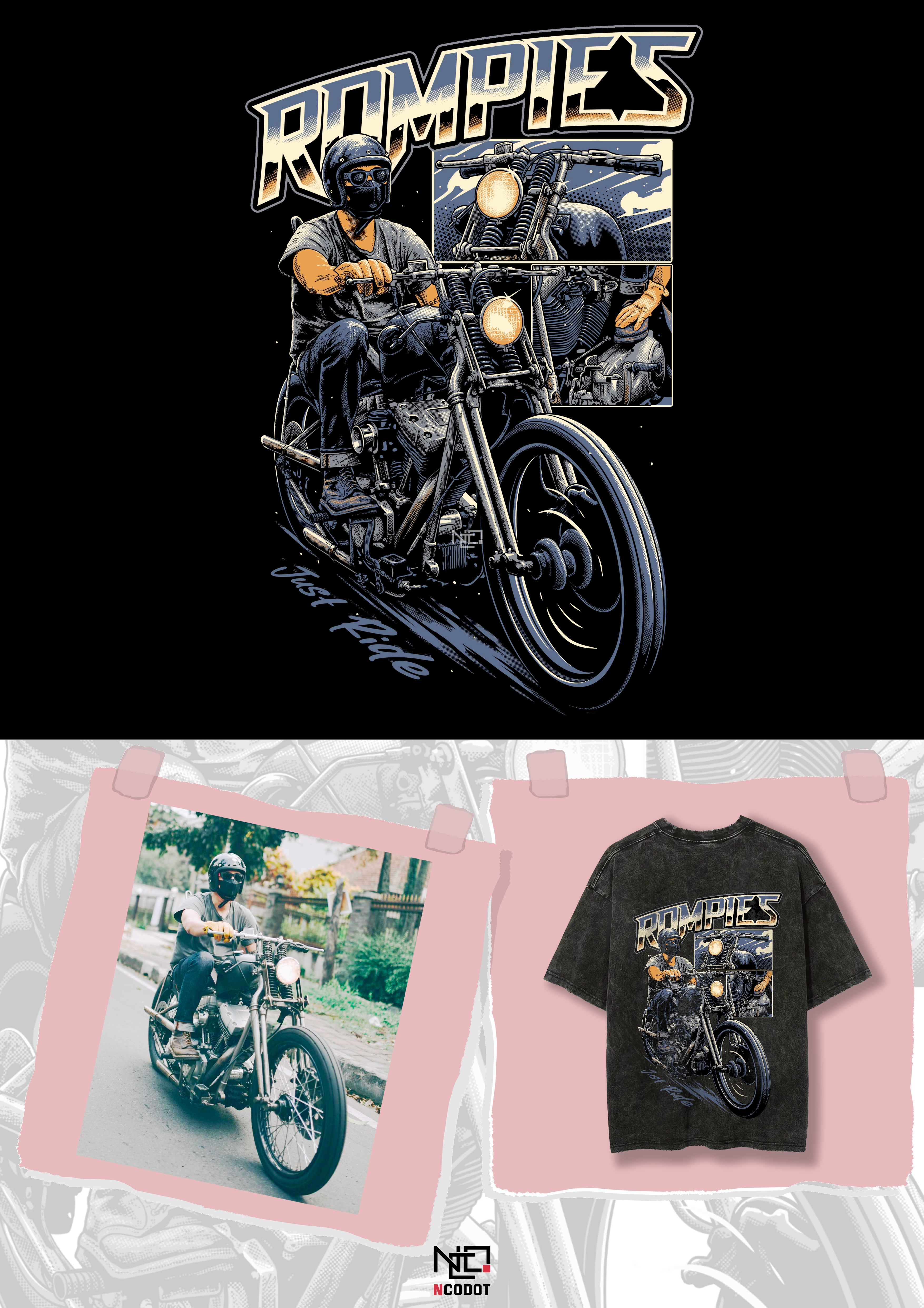 Rompies just ride illustration adventure apparel art artwork bike bikers chopper clothing graphic design illustration poster screenprinting tshirt design