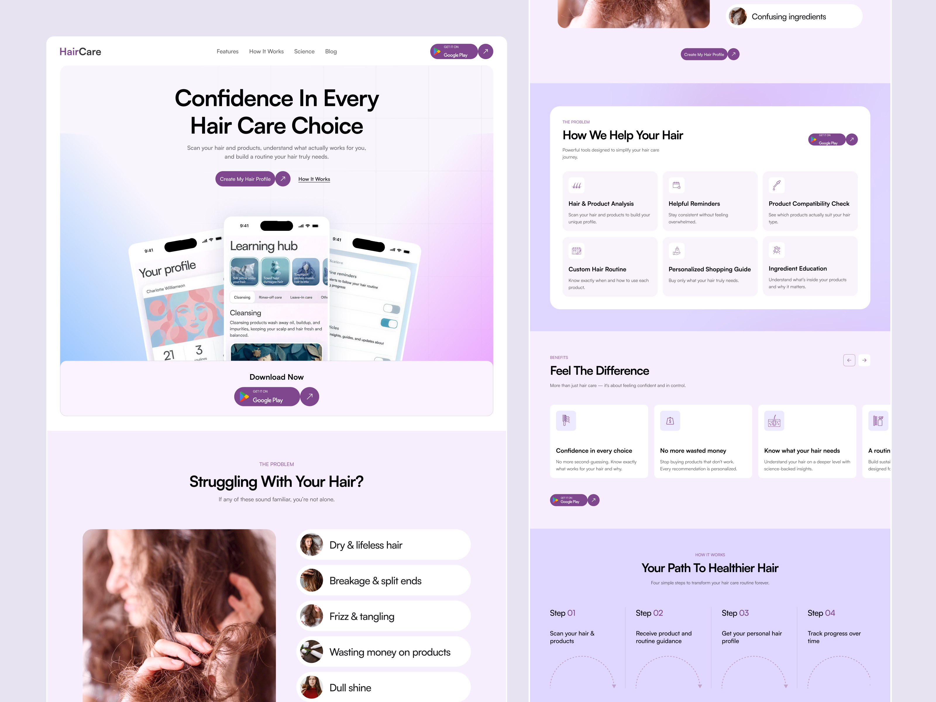 AI Hair Care Landing Page beauty tech beauty website hair analysis hair care hair care website healthcare ui landing page landing page design modern website design personalized care saas scalp analysis ui design ui ux design uiux web design web design inspiration website website design wellness platform