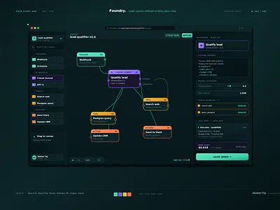 Foundry — AI Agent Builder (Visual Node Editor) agent builder ai ai agent ai ui anthropic app design automation dark mode dark ui dashboard modern ui no code node editor product design saas ui design ux design web app web design workflow