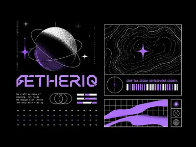 Brand Identity - ÆTHERIQ Retro-Futuristic Tech System abstract shape acid graphics brand system branding cosmic cyberpunk dark mode graphic design layout logotype neo brutalism poster design purple retrofuturism sci fi space techwear typography vector illustration visual identity