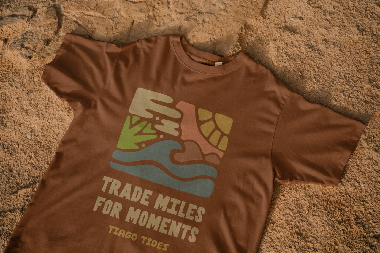 Tiago Tides | Outdoor Adventure Shirt Design adventure branding climbing clothing costa rica graphic design illustration logo mountain nature outdoor park sun surfing t shirt design volcano wave