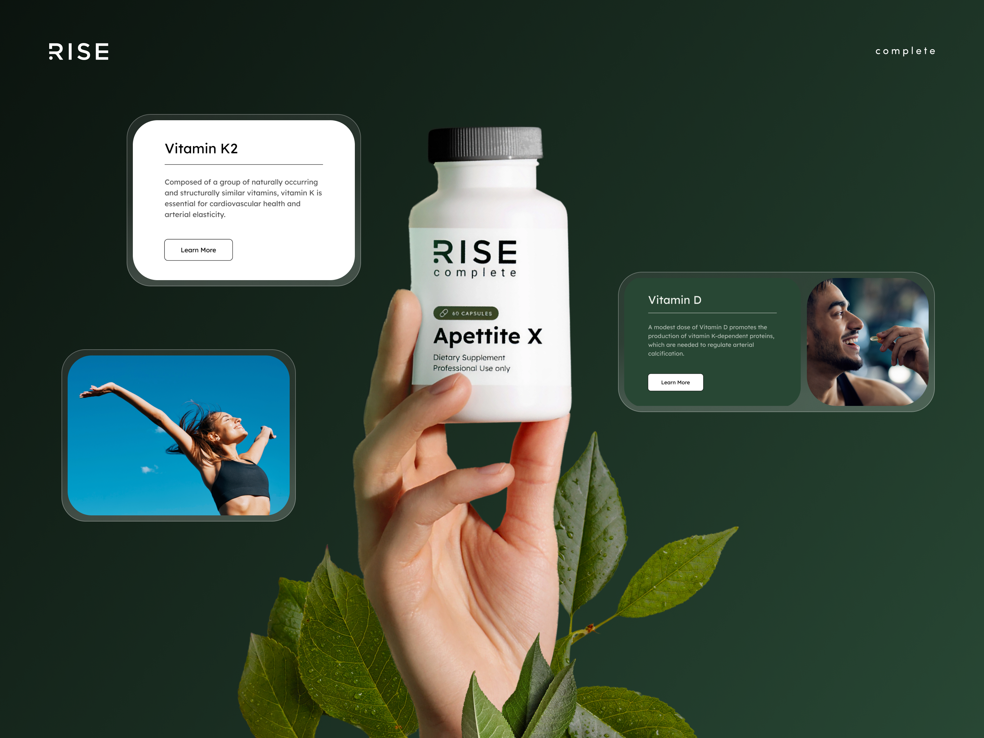 Rise Complete – Brand, web, and packaging