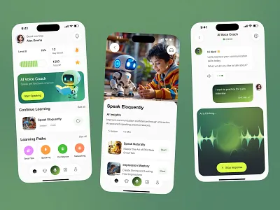 AI Voice Coach Mobile App UI Design | Communication Learning App ai app ai native design aiassistant app design communication app language learning app mobile app mobile app design mobile ui product design ui design voice assistant voice coach