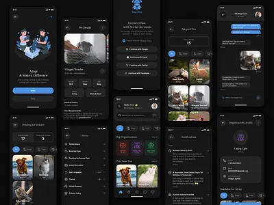 Pet Adoption Mobile App adoption app animal shelter app design clean design dark ui dribbble figma ios app mobile app mobile ui modern ui pet adoption pet app pet care product design ui design ui inspiration uiux user interface ux design