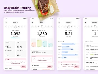 Beet.Health – AI Nutrition Platform | Daily Health Tracking activitytracking cleanui dashboardui fitnessapp healthcards healthcareui healthtracking hydrationtracking minimal mobileapp mobileui modernui nutritiontracking productdesign trackingapp ui uidesign ux uxdesign wellnessapp