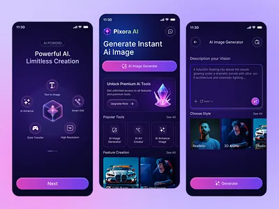 Pixora AI – AI Image Generator Mobile App ai app ai image generator app app design artificial intelligence design generative ai image generator mobile mobile ui prompt to image ui ux