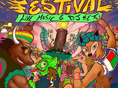 "Music Festival in Madagascar" animals art branding cartoon color pencil comic design draw dream festival fun illustration madagascar manga music rock show water ink