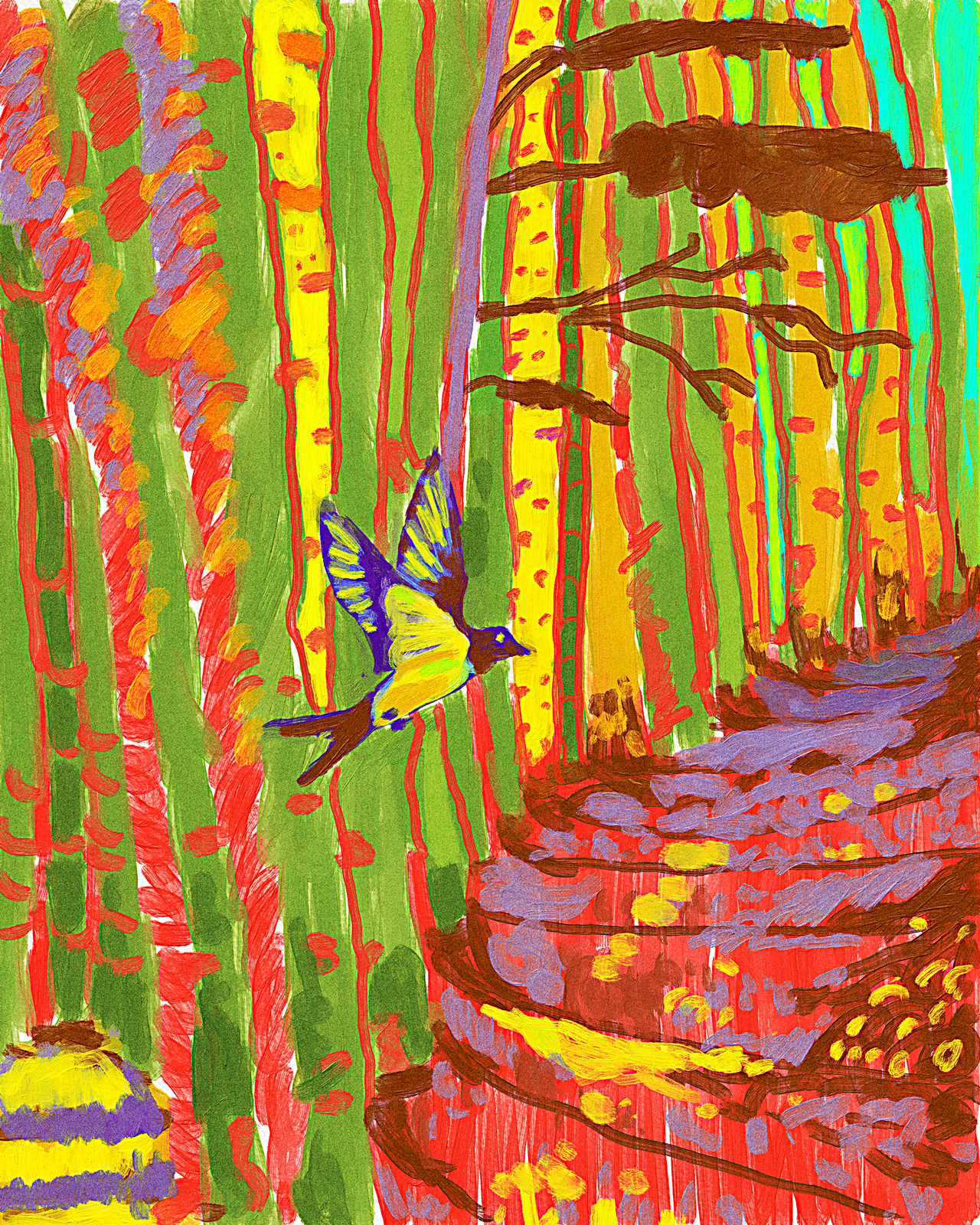 Forest bird color design exploration fauvism forest illustration impressionism landscape oil painting postimpressionism texture tree