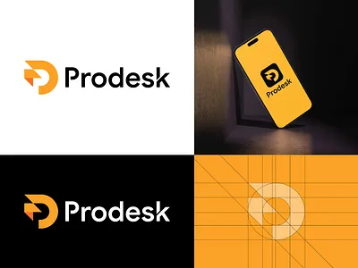 Prodesk logo design 99designs aeroplane apps icon arrow d logo favicon gradient lettermark logodesign orange p logo paper plane saas sports tech technology telegram upward wordmark yellow