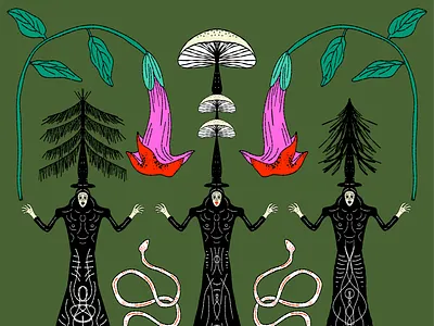 The Three Sisters of the Forest Art Print art art print botanical branding dark tales dark whimsy enchanted female power flowers folk folk art folk illustration forest illustration modern folk mushrooms mystical nature snake whimsical