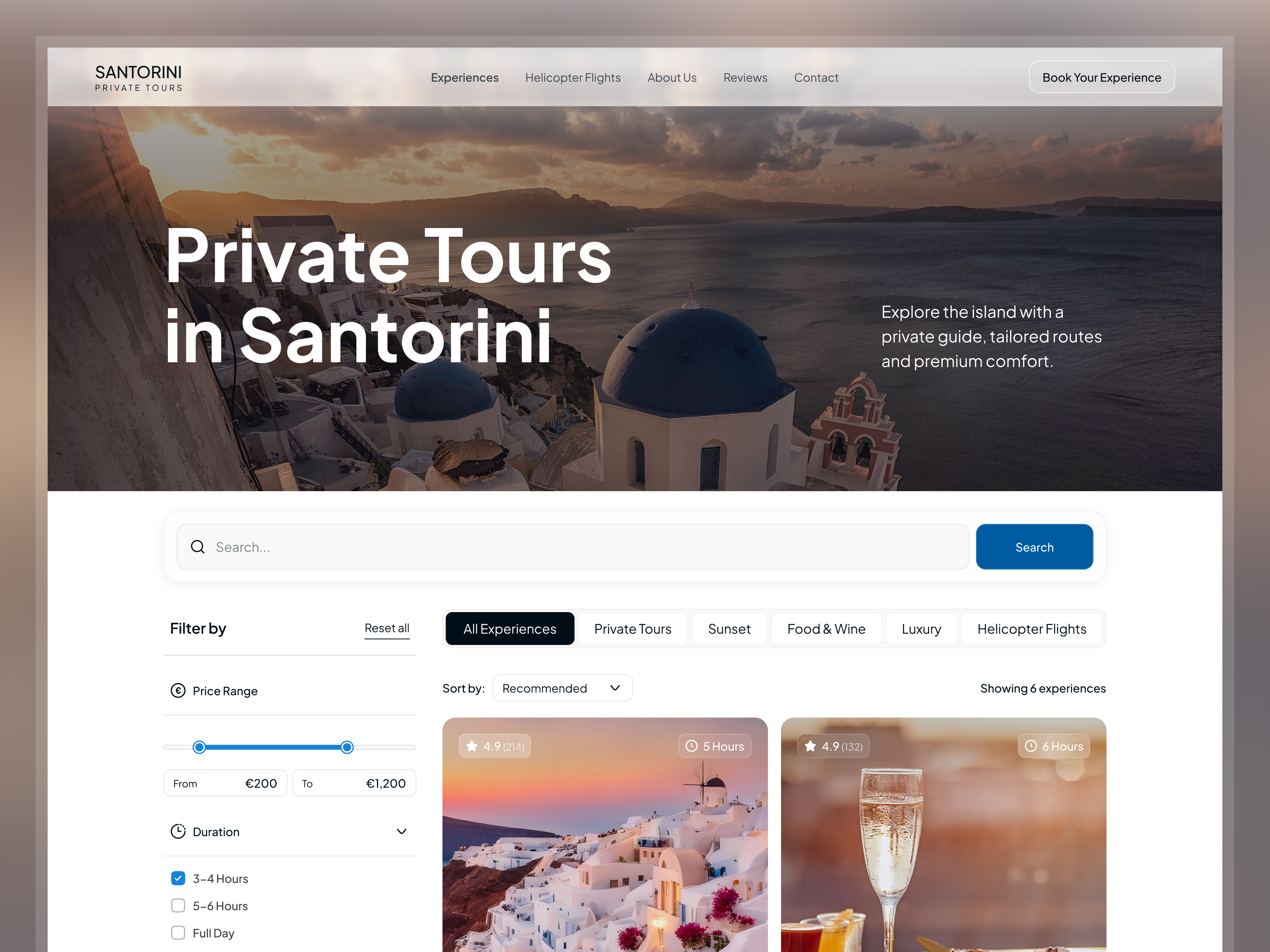 Experiences Page — Luxury Travel Website Design booking website design experiences page luxury travel private tours website product redesign santorini private tours tour booking tourism platform tourism website travel travel experience travel website ui vacation booking web website redesign