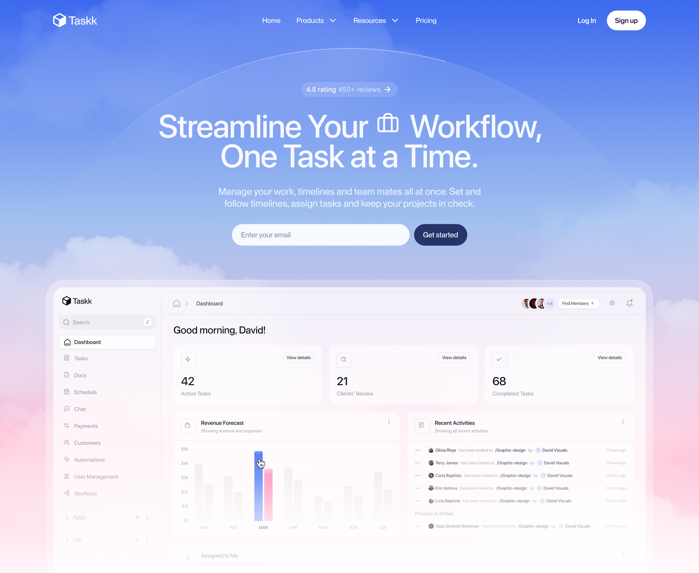 Taskk - Landing page clean cloud aesthetic cloud web design cloud website clouds landing page light mode productivity saas task management trend ui ux web design website