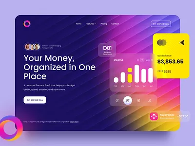 Personal Finance SaaS - Landing Page bank card banking card clean credit card dark glass glassmorphism hero image landing page morphism saas ui ux web web design