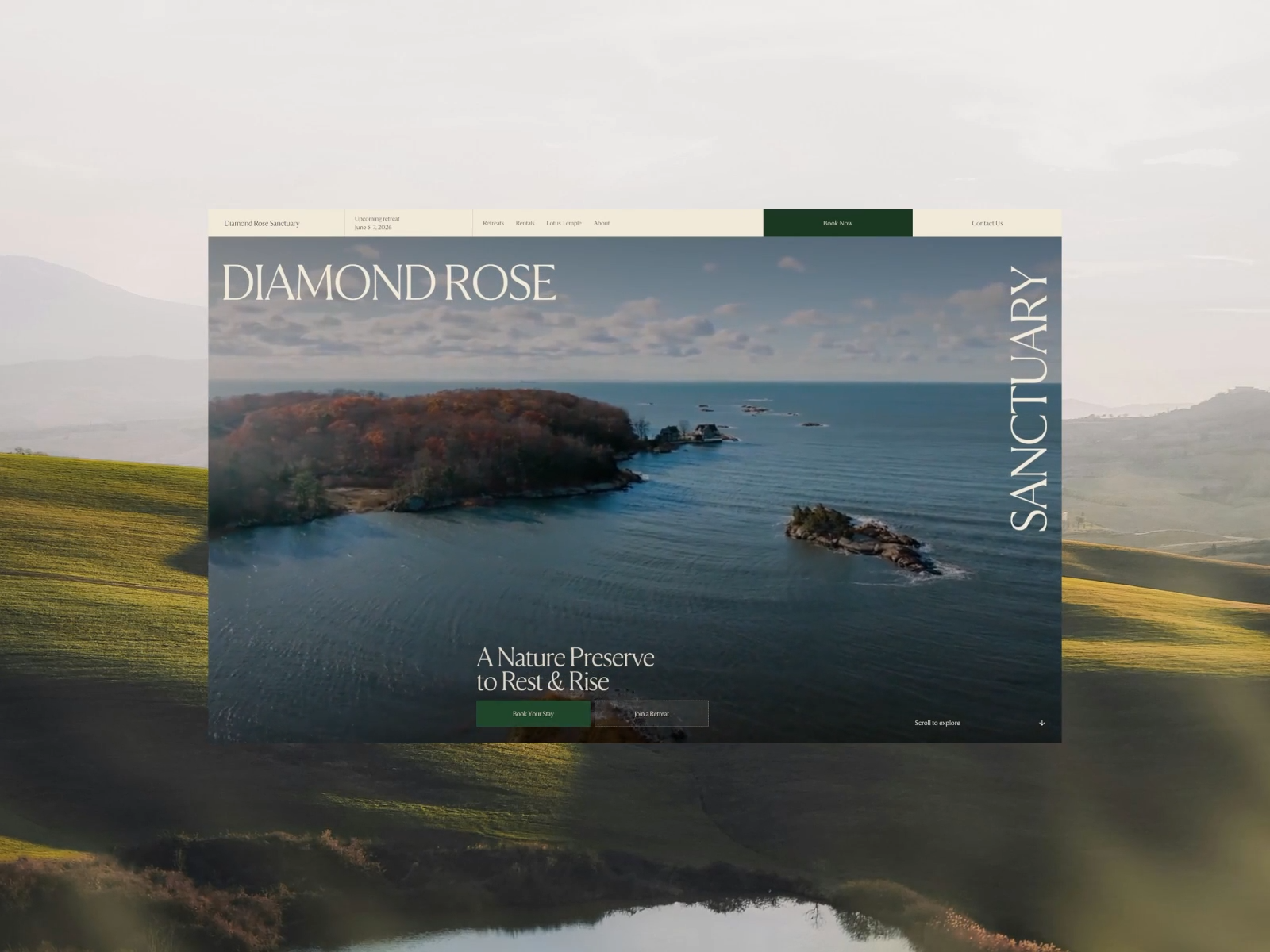 Diamond Rose Sanctuary [Home] 3d 3d interaction animation design branding breathwork clean design figma motion design motion graphics retreats typography ui ui design uidesign webdesign website design wellness