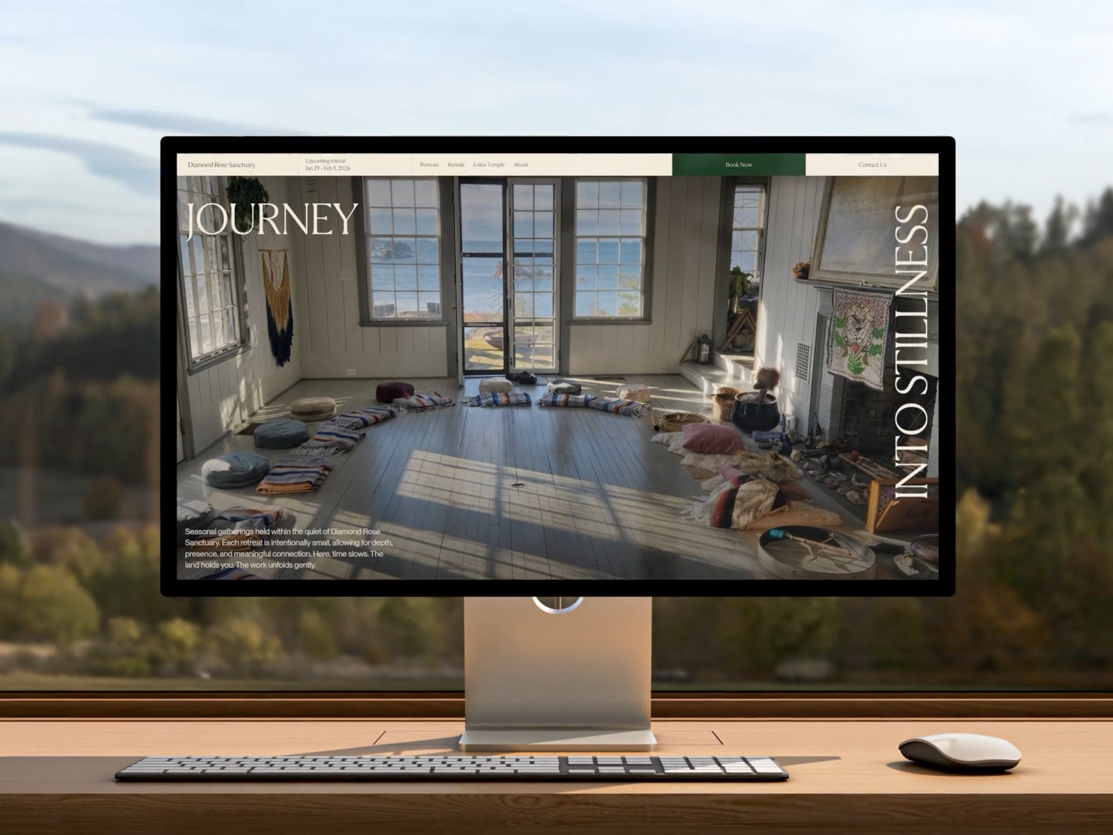 Diamond Rose Sanctuary [Retreats] 3d clean design figma gsap interaction landscape motion graphics nature retreats scroll typography ui ui design uidesign ux ui webdesign webflow website design wellness