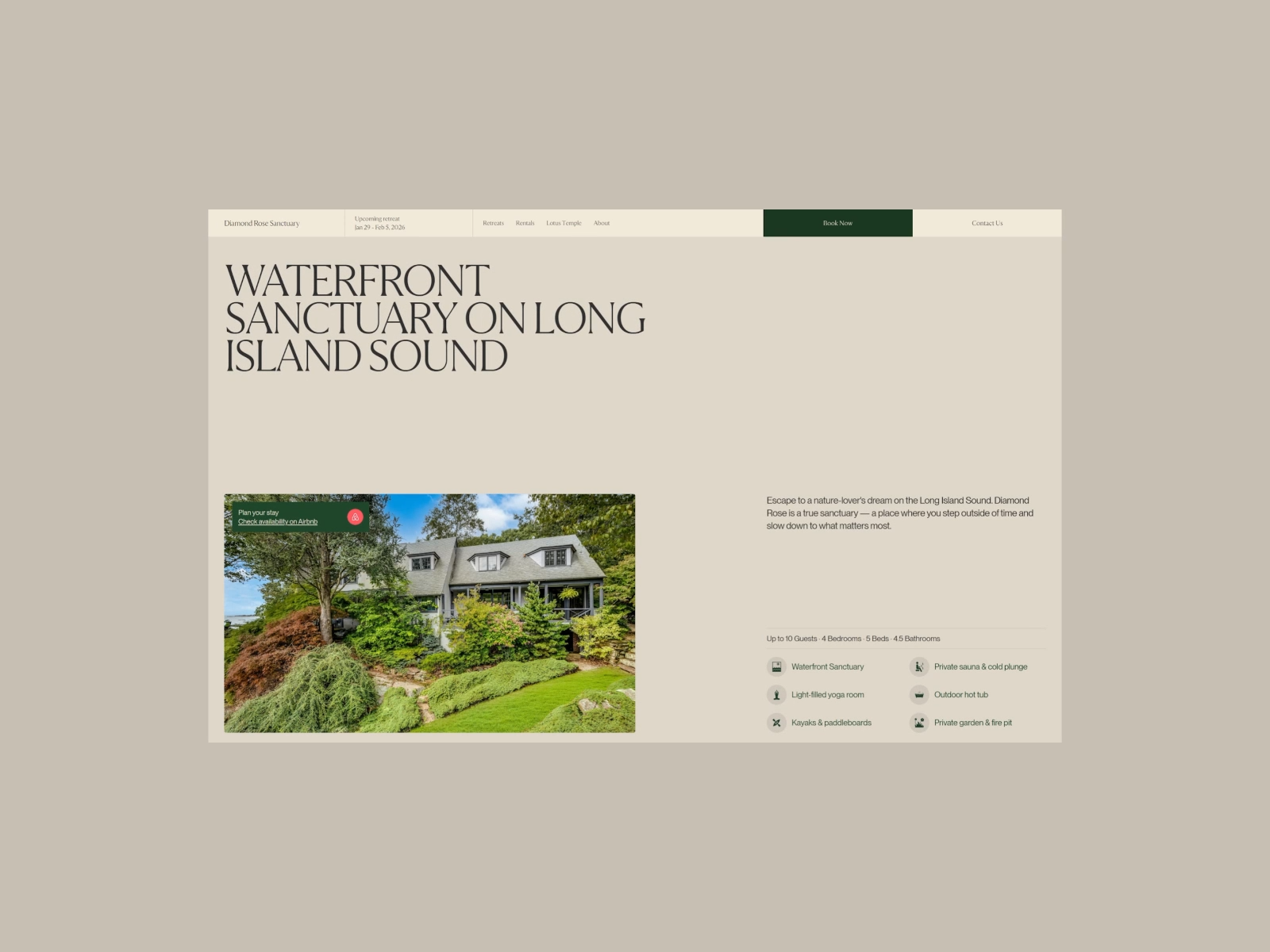 Diamond Rose Sanctuary [Rentals] 3d branding breathwork clean design figma landscape minimal motion graphics nature photography retreats typography ui uidesign ux ui webdesign website design wellness