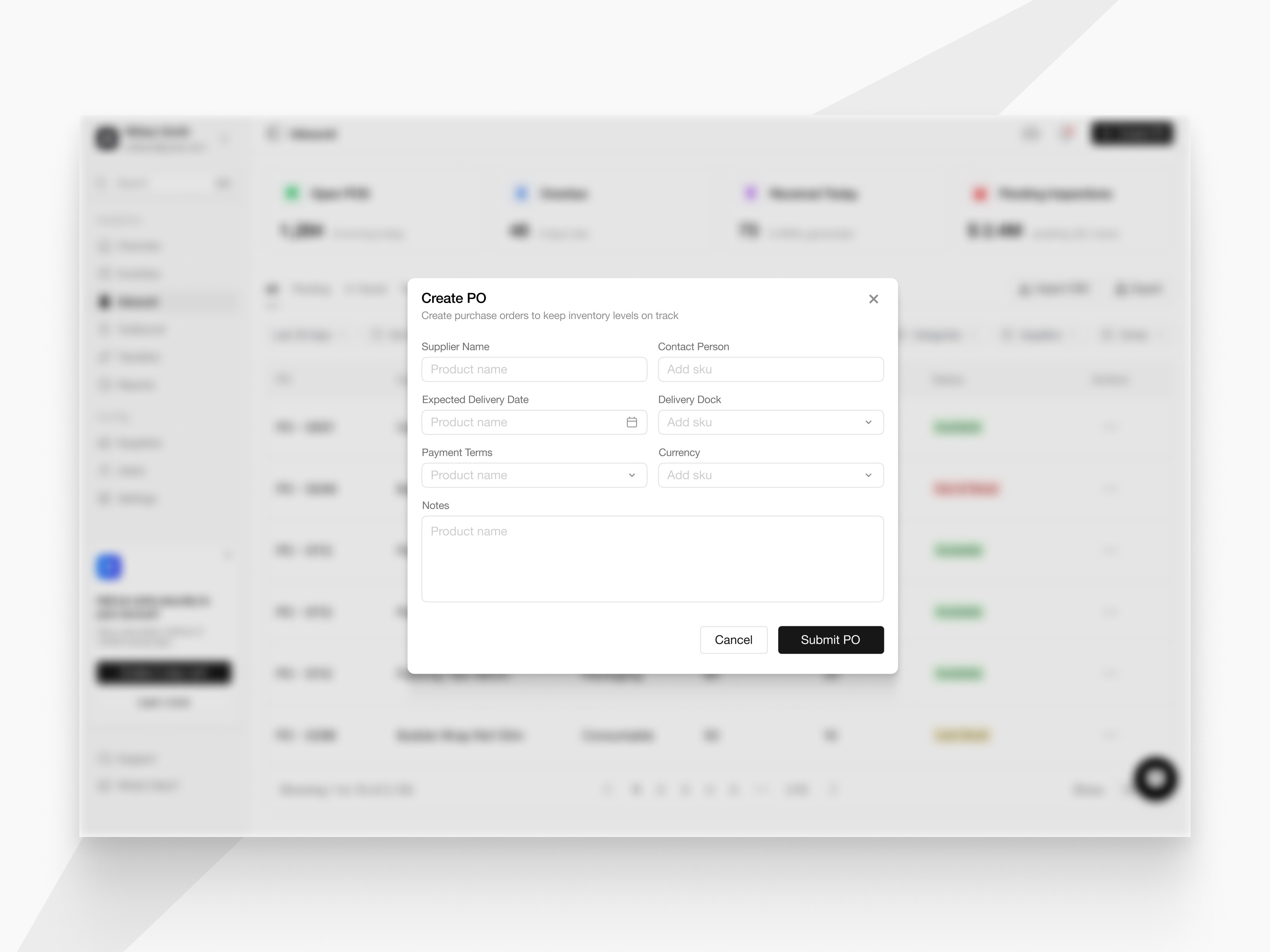 Create PO Modal - Rackwise b2b company dashboard dekstop modal po popup saas table ui ux warehouse web webapp